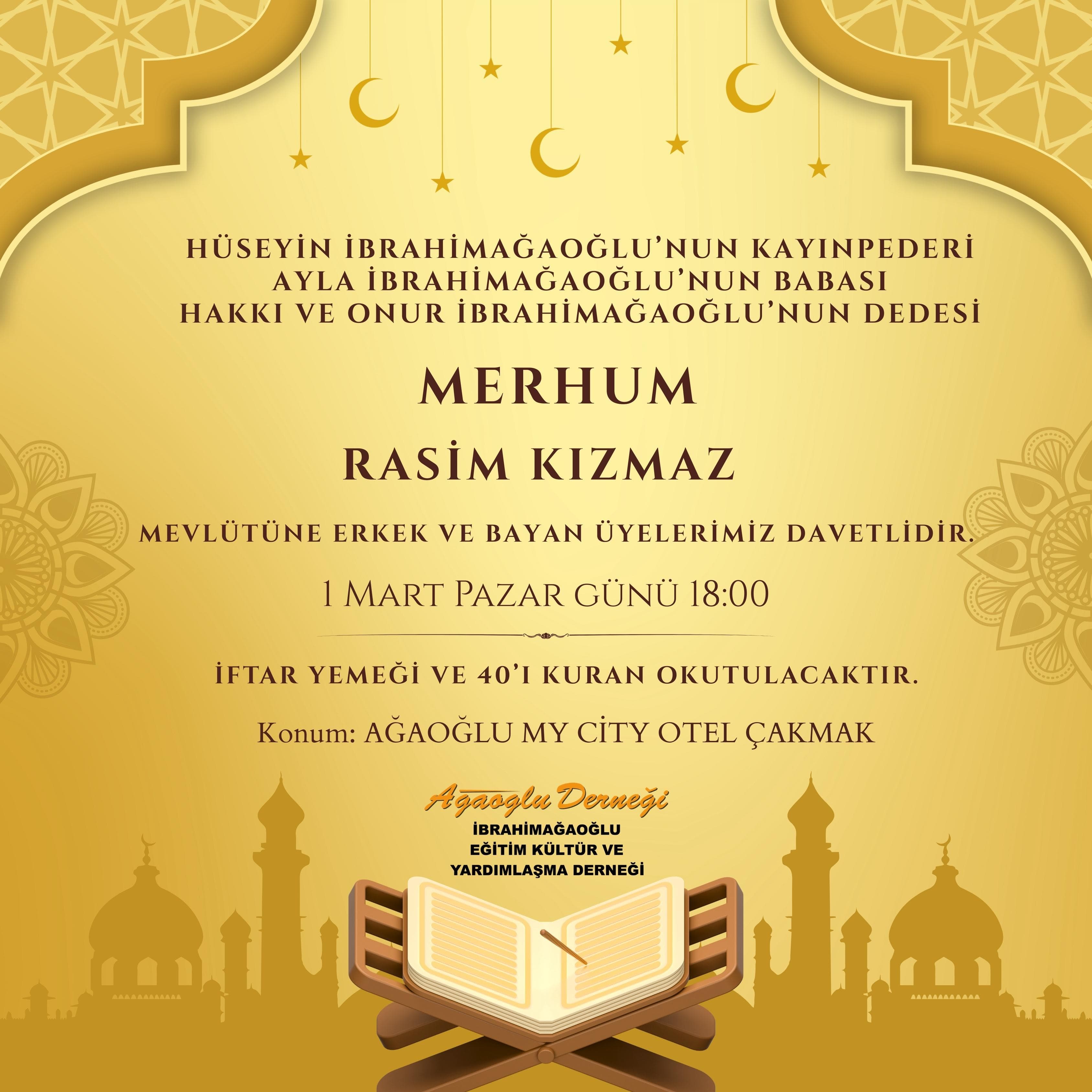 Merhum Rasim Kızmaz için mevlit programı için hazırlanan dernek duyurusu